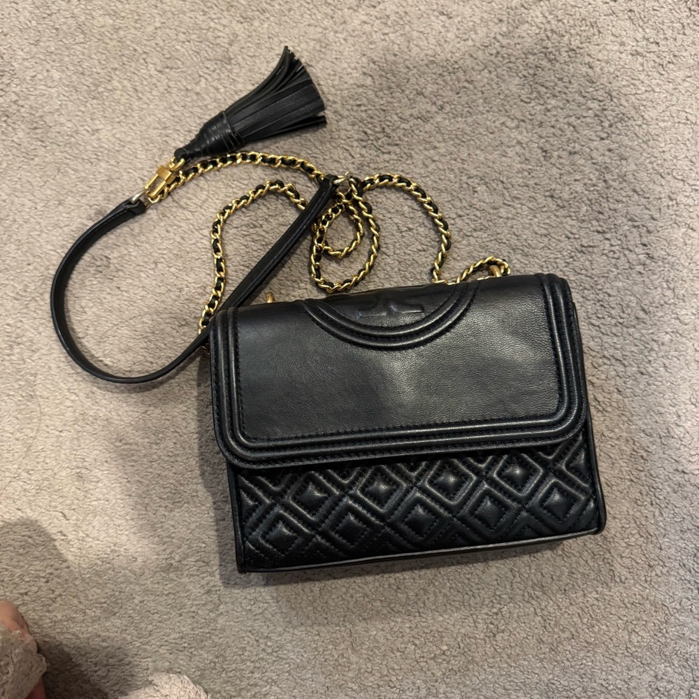 Tory Burch Black Quilted Small Convertible Fleming Bag